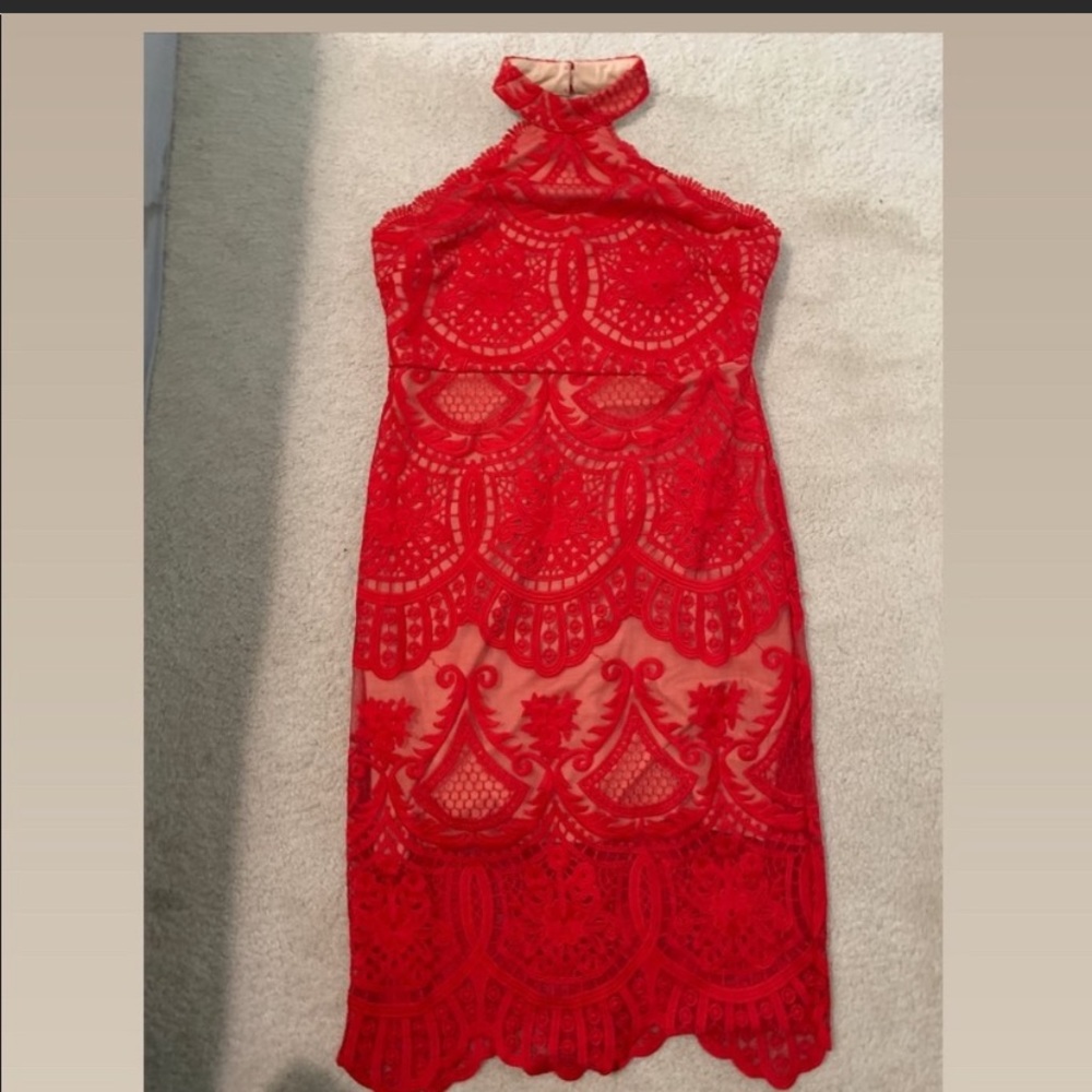LuLu’s red lace halter midi dress
